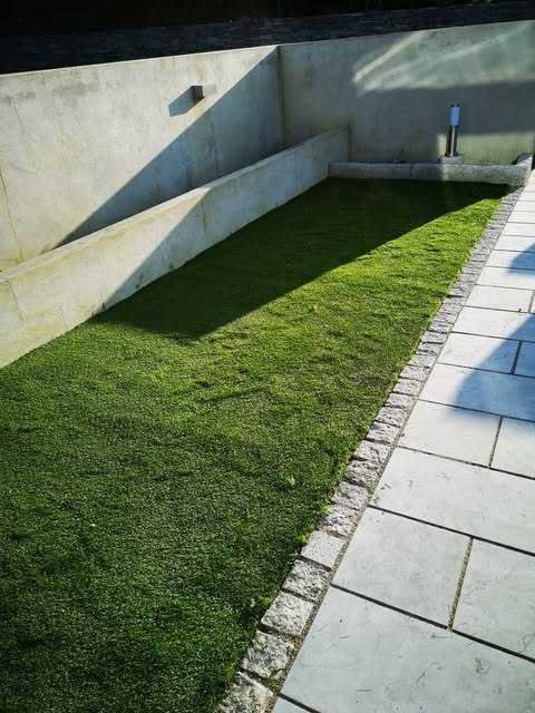 Artificial lawn beside grey paving and a rendered garden wall with lights